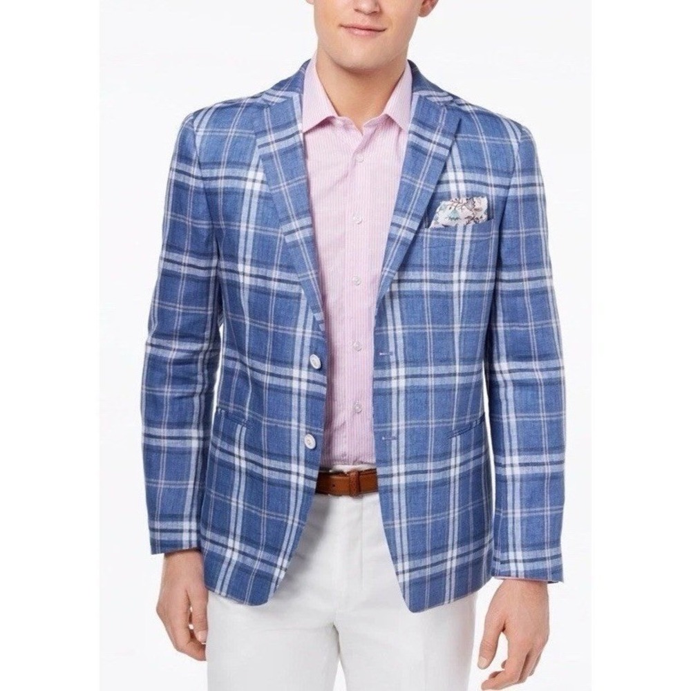 TALLIA Men's Modern-Fit Blue 100% Linen Plaid Sport Coat Size 36S